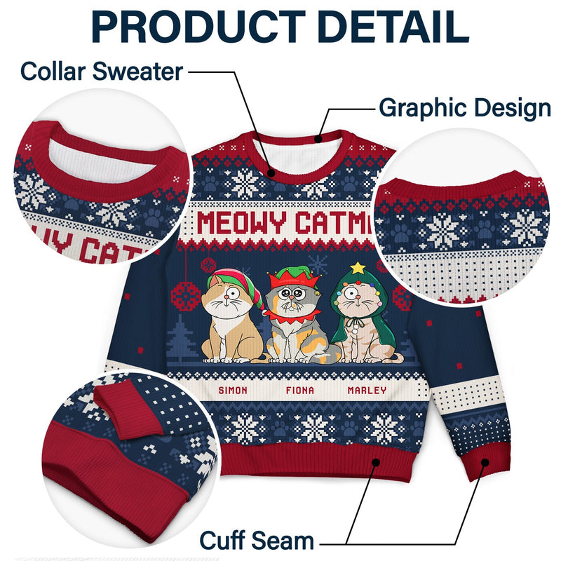 Personalized Meowy Catmas Funny Cartoon Cats ugly Christmas sweater, alternate view 5