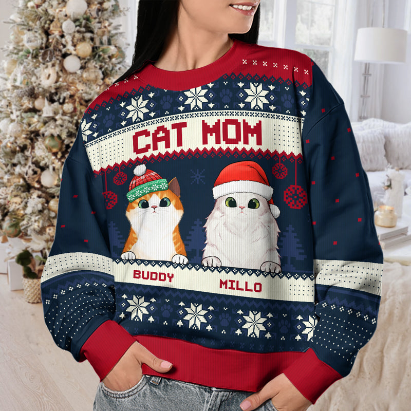 Personalized Merry Christmas, Cat Mom Cat Dad ugly Christmas sweater, main view
