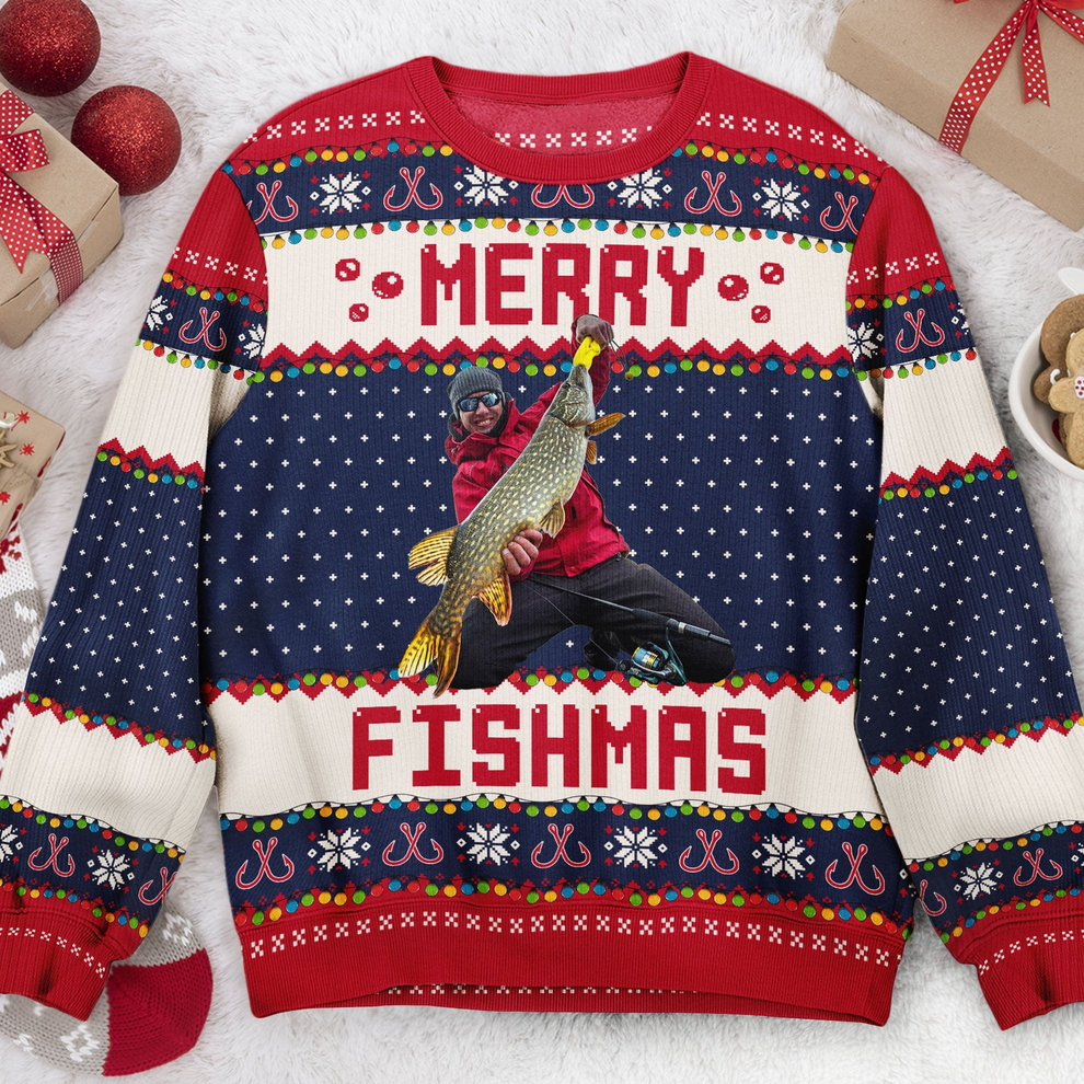 Custom Photo Merry Fishmas Gift For Fishing Lovers personalized ugly sweater, main view