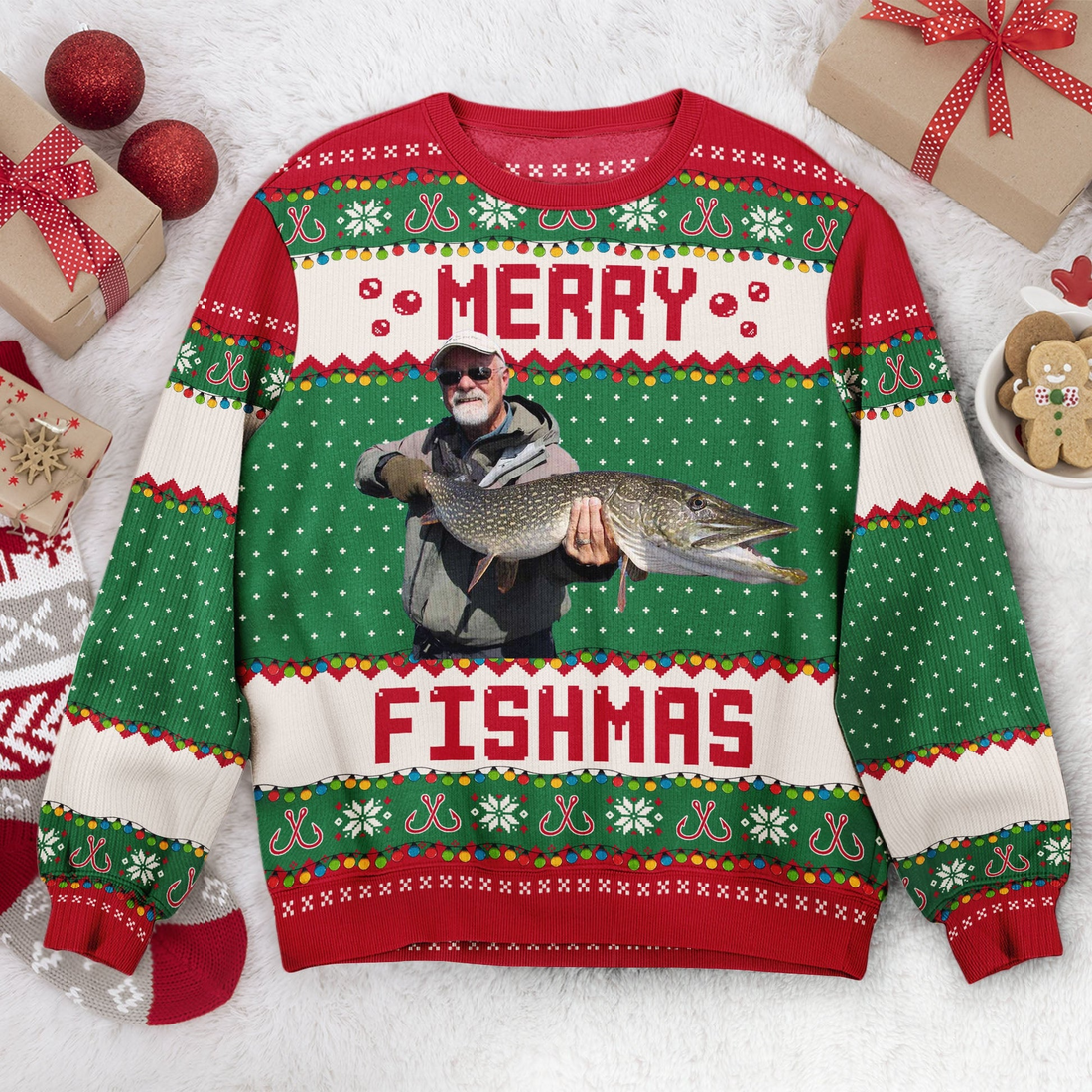 Custom Photo Merry Fishmas Gift For Fishing Lovers personalized ugly sweater, alternate view 2