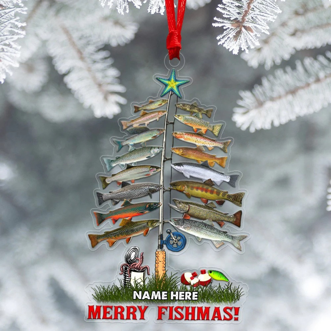 Merry Fishmas Flat Fishing personalized custom shaped acrylic ornament, alternate view 2