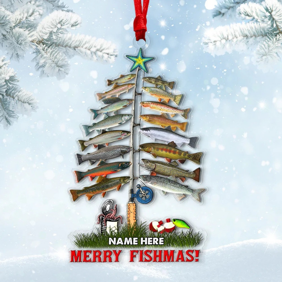 Merry Fishmas Flat Fishing personalized custom shaped acrylic ornament, main view