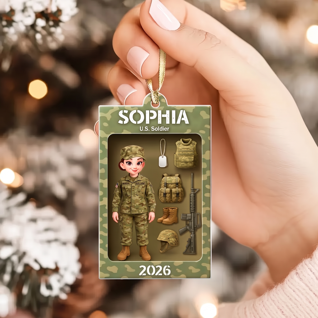 Camouflage soldier action-figure acrylic ornament with custom name, alternate view 4