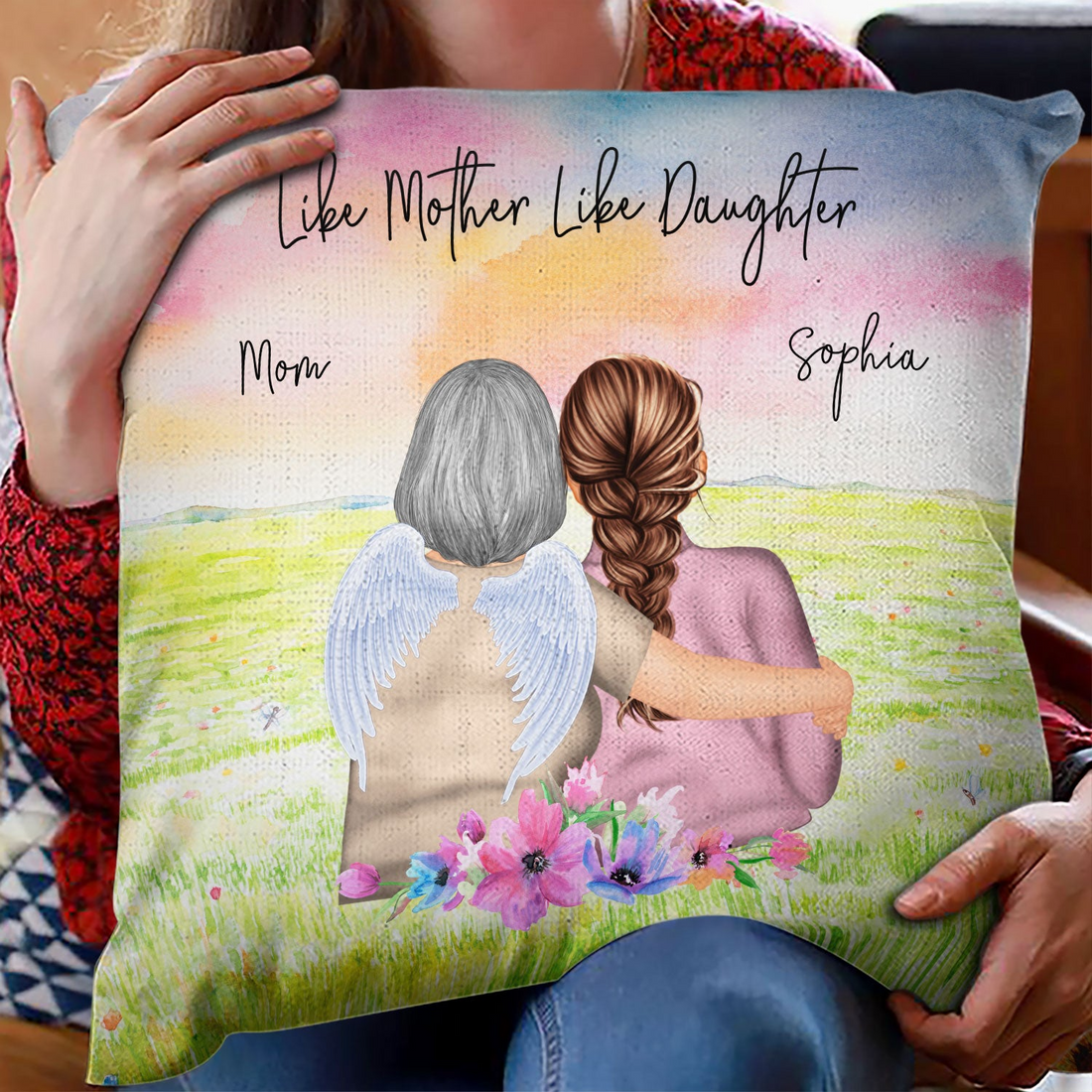 Personalized Mother & Daughter Forever Linked Together Watercolor Style pillow, alternate view 2
