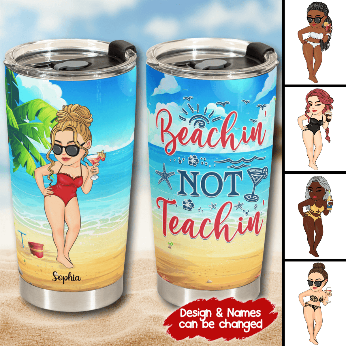 Beaching Not Teaching, Teacher Off Duty - Personalized Custom 20oz Fat Tumbler Cup - Summer Break, Last Day Of School, Birthday, Loving, Funny Gift for Teacher, Kindergarten, Preschool, Pre K, Paraprofessional - Suzitee Store