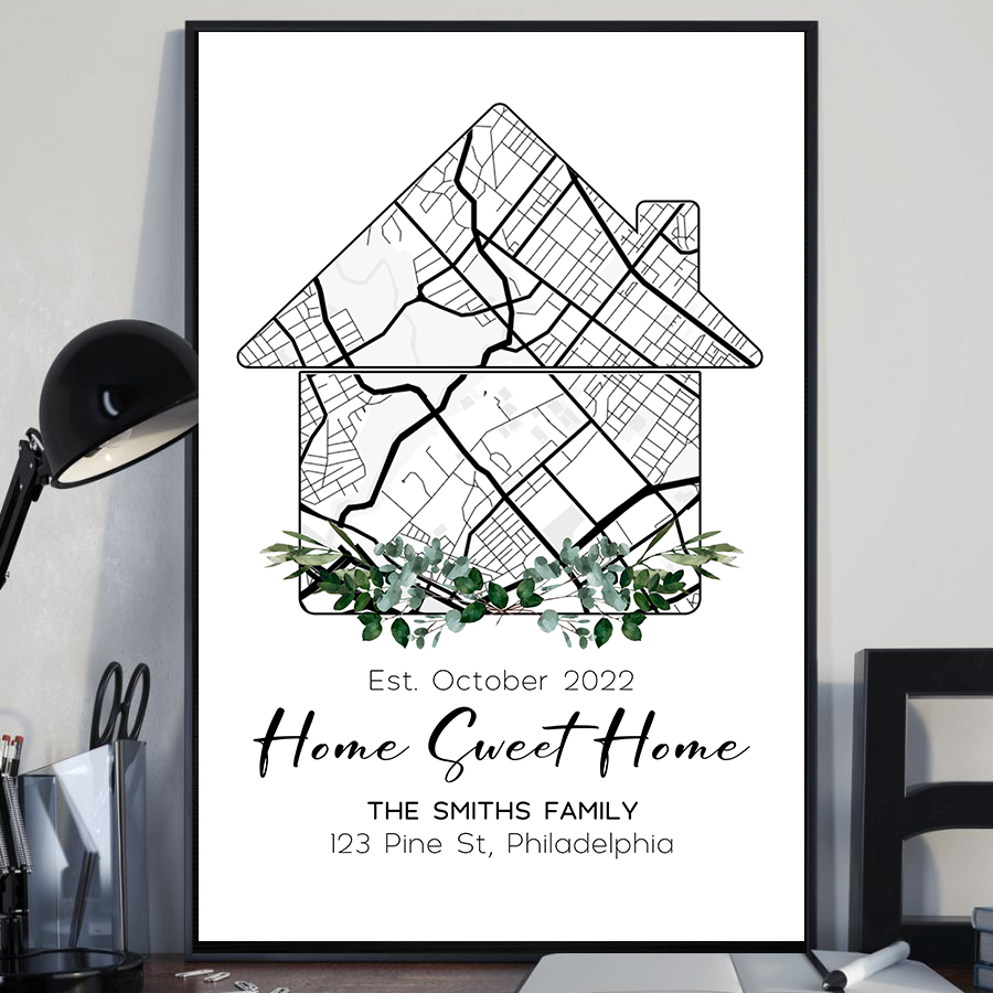 Personalized Custom Home Map, First Time Home Buyer, Personalized Housewa canvas print, leaning against a wall on a