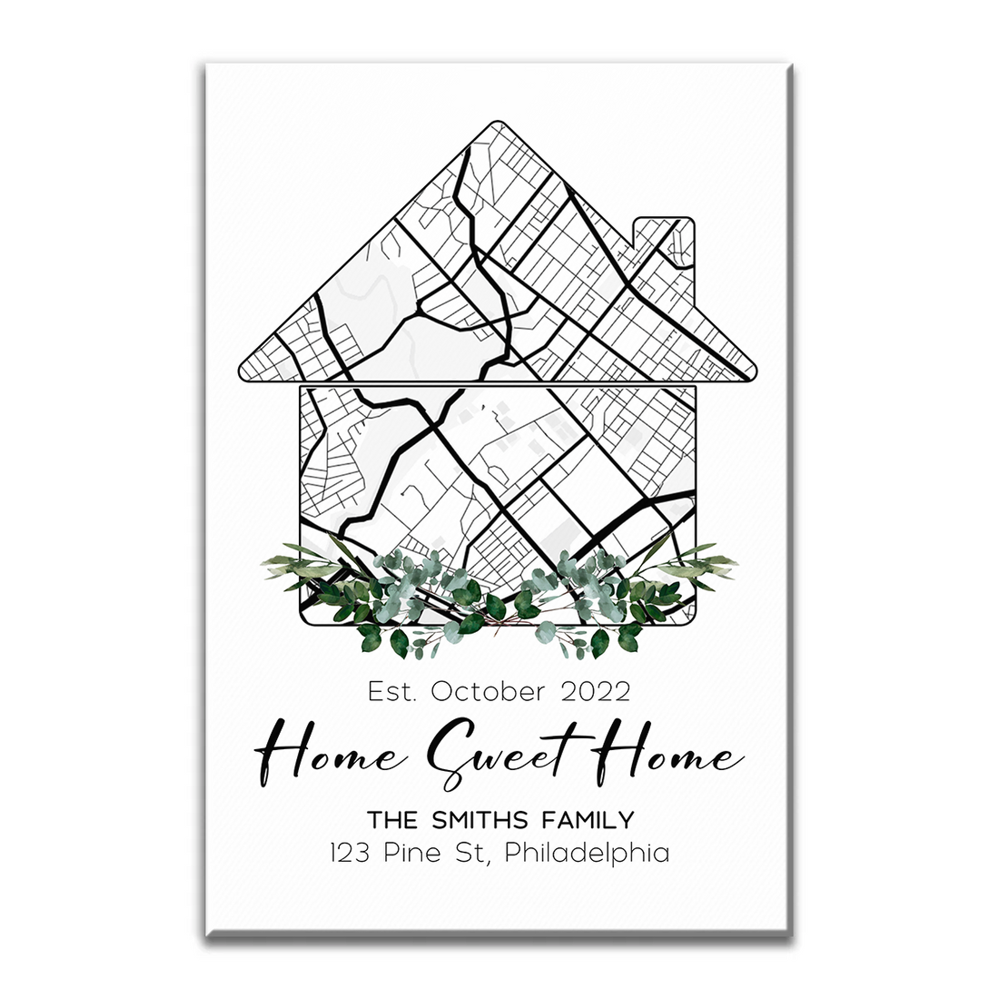 Personalized Custom Home Map, First Time Home Buyer, Personalized Housewa canvas print, framed in a bright living room