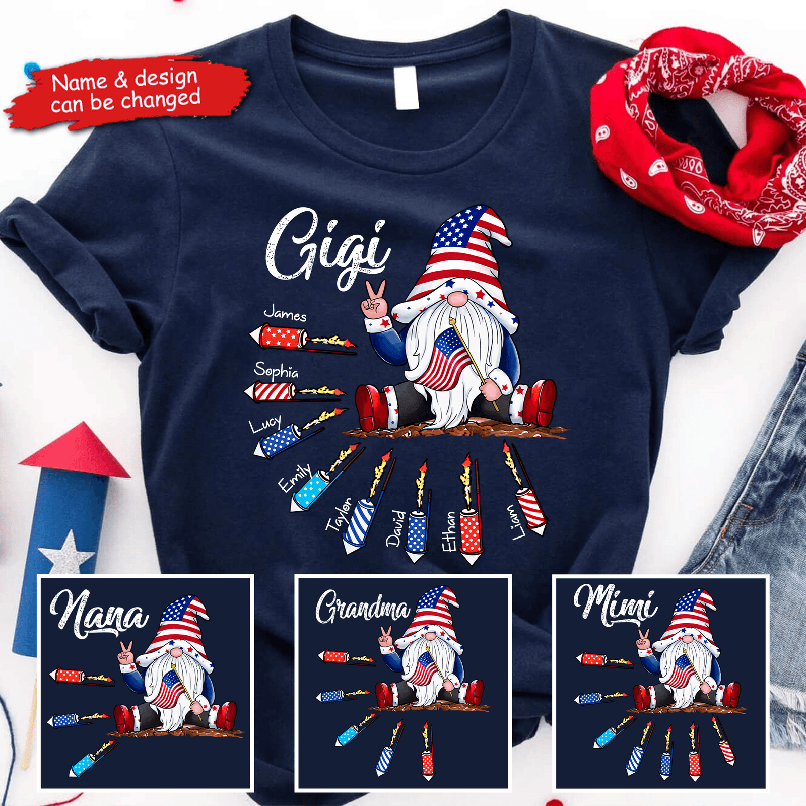 Fourth 4th Of July Gnome Grandma's Firecrackers - Personalized Custom Kids Names T Shirt - Independence Day, Birthday, Loving, Funny Gift for Patriotic Grandma/Nana/Mimi, Mom, Wife, Grandparent - Suzitee Store