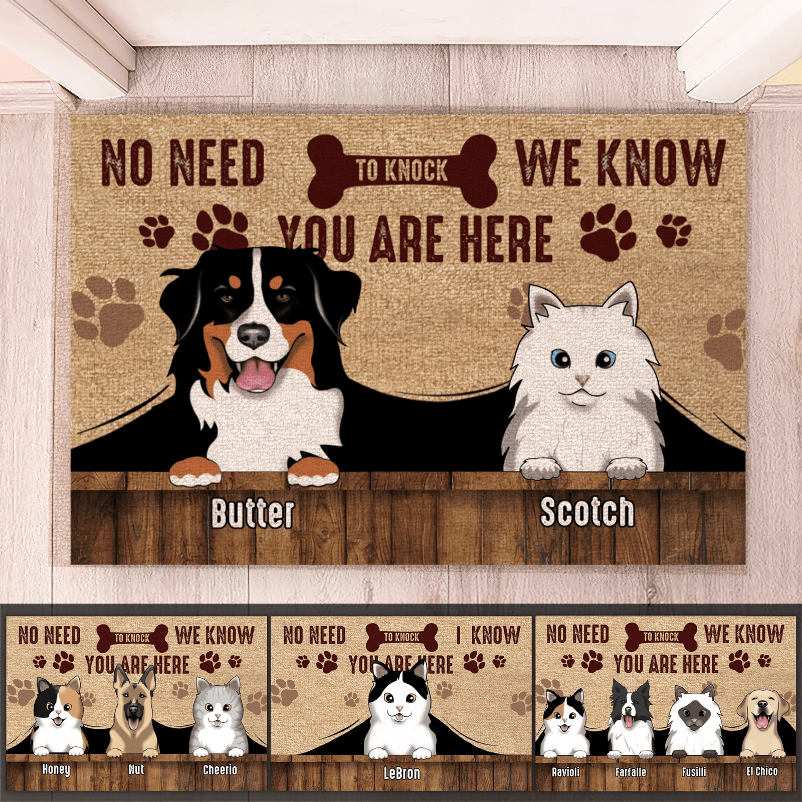No need to knock We know you're here! - Personalized Doormat - Birthday, Housewarming, Funny Gift for Homeowners, Friends, Dog Mom, Dog Dad, Dog Lovers, Pet Gifts for Him, Her - Suzitee Store
