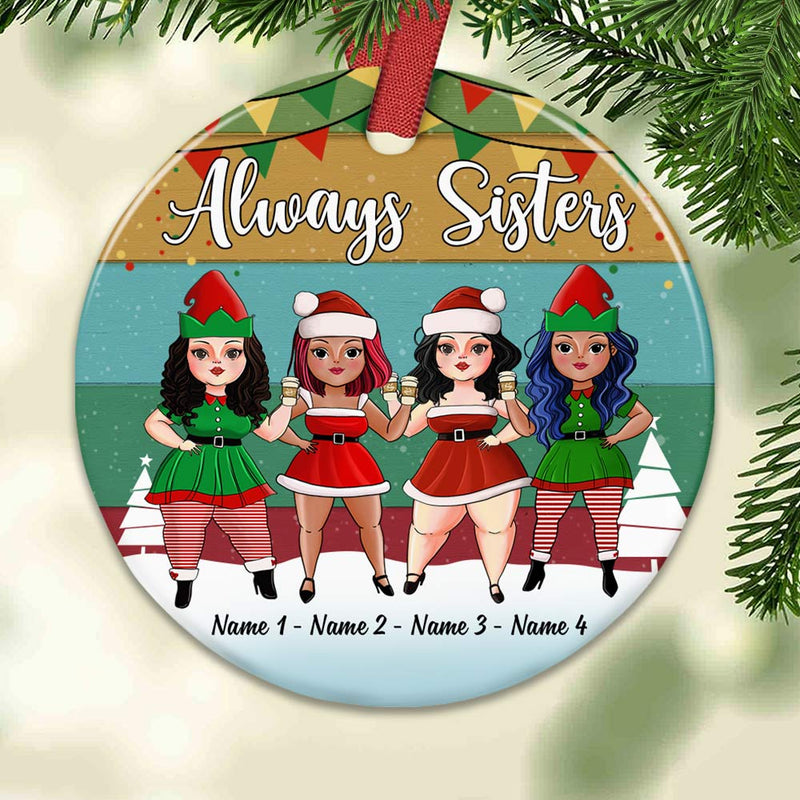 Personalized Sisters Friends Christmas circle ceramic ornament, alternate view 4