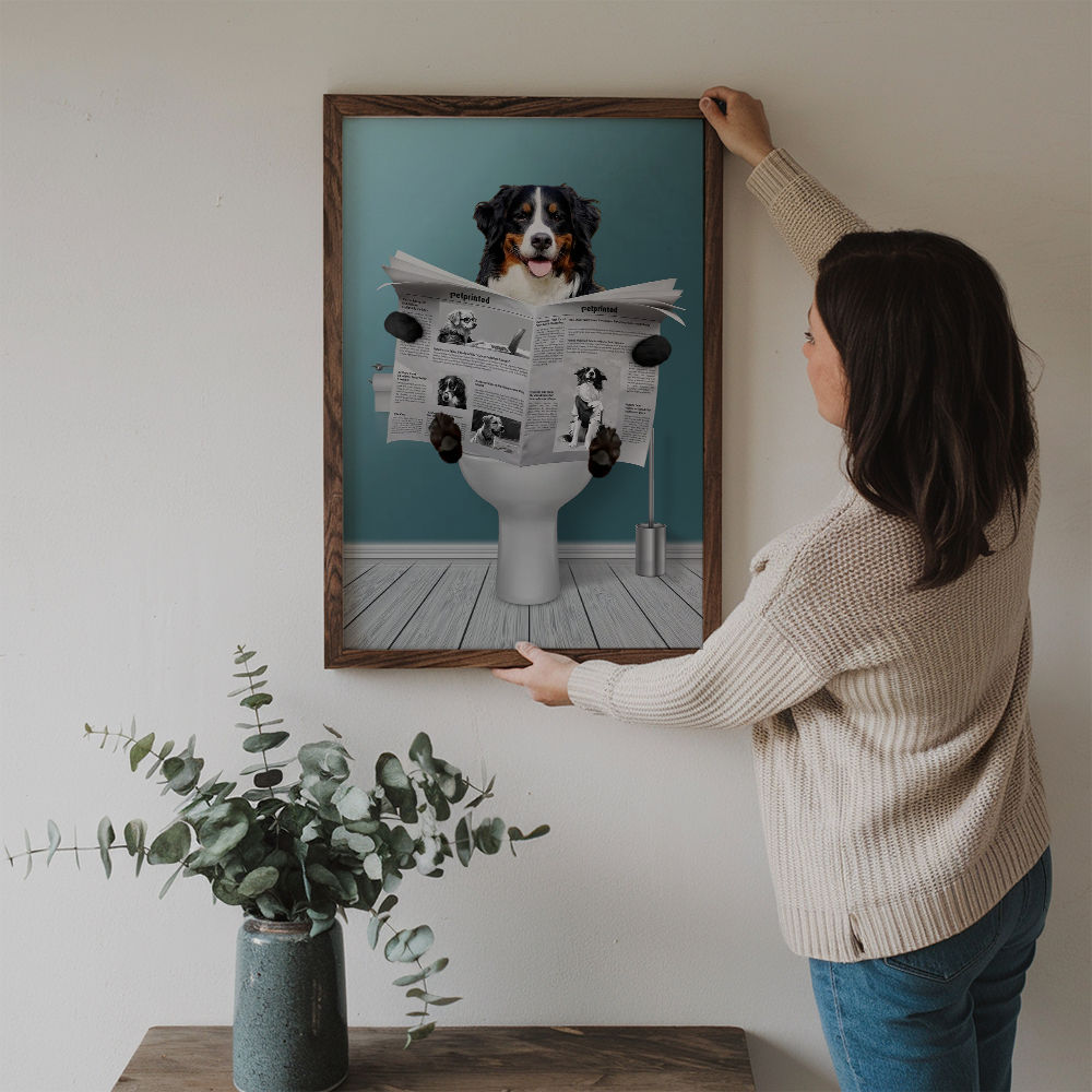 Custom Photo Important meeting Dog Lovers poster, a woman hanging the framed print on a wall