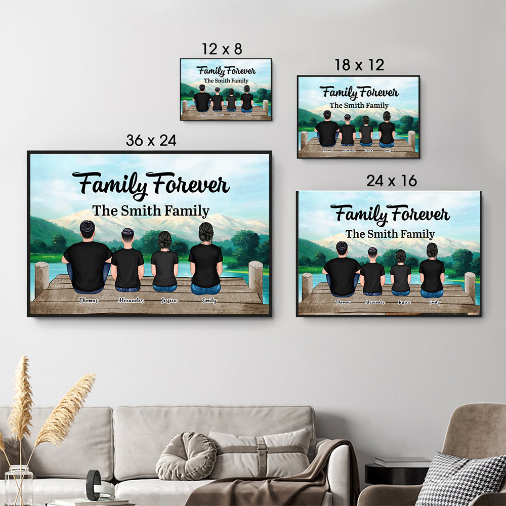 Custom Family Sitting poster, size options shown on a sofa wall