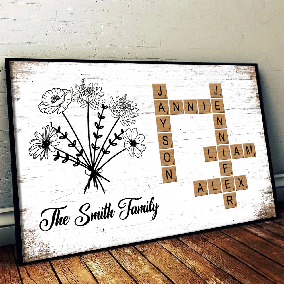 Personalized Birth Flower Family Crossword canvas print, leaning against a wall on a wooden floor