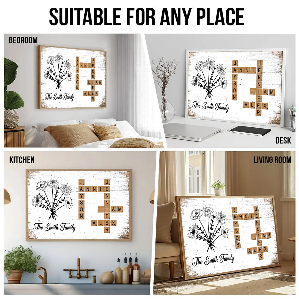 Personalized Birth Flower Family Crossword canvas print, room placement ideas for bedroom, desk, kitchen and living room