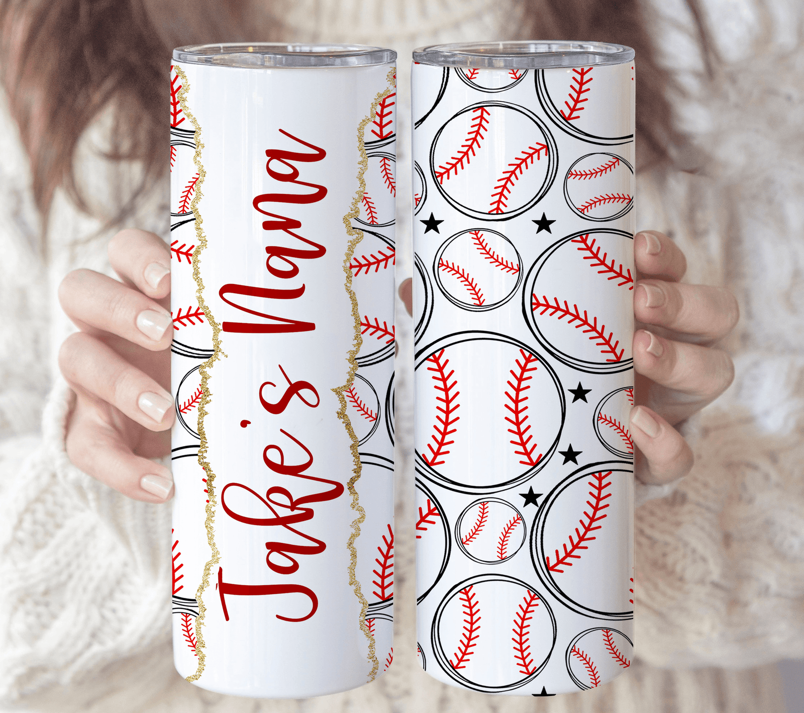 Doodle Sport Ball - Personalized Custom 20oz Skinny Tumbler Cup - Baseball/Softball Gift for Sport Grandma/Nana/Mimi, Mom, Wife, Grandparent, Granddaughter - Suzitee Store