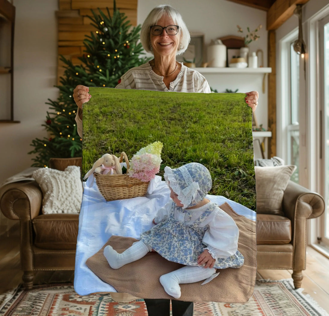 Custom Photo Blanket fleece blanket, held up in a bright room