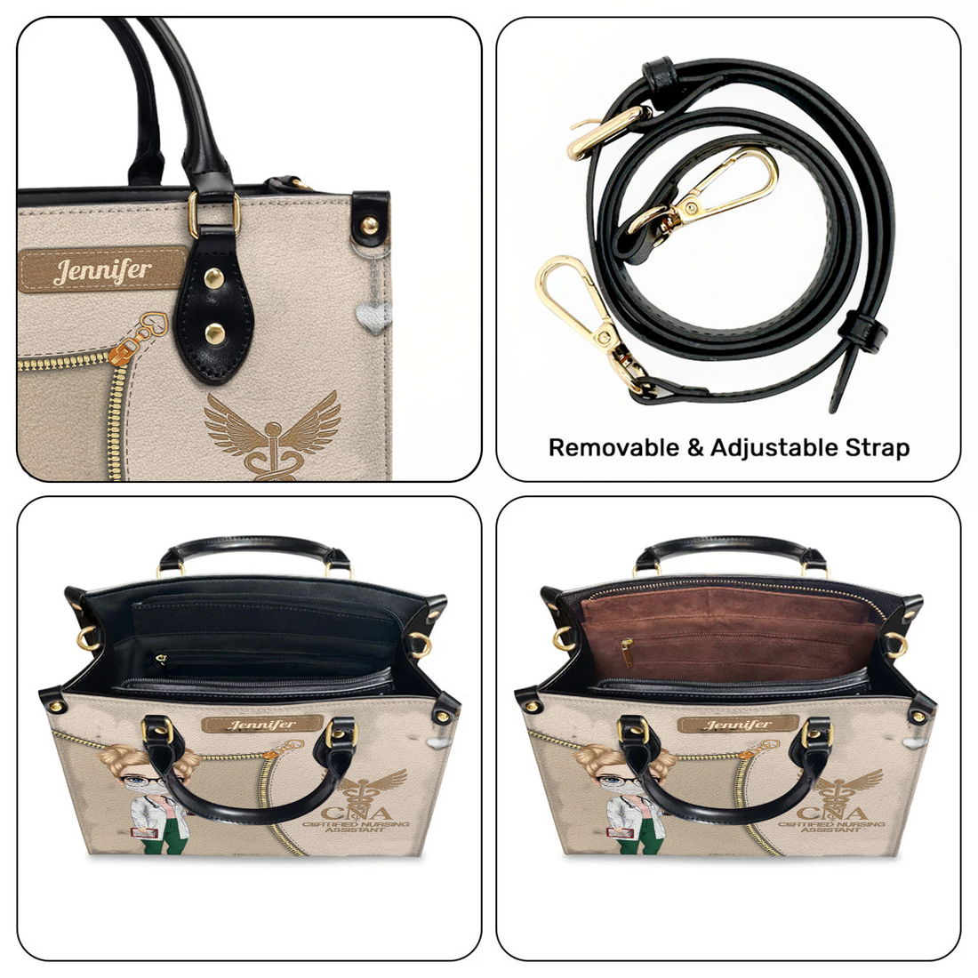 Registered nurse watercolor leather handbag with name, held at the hip