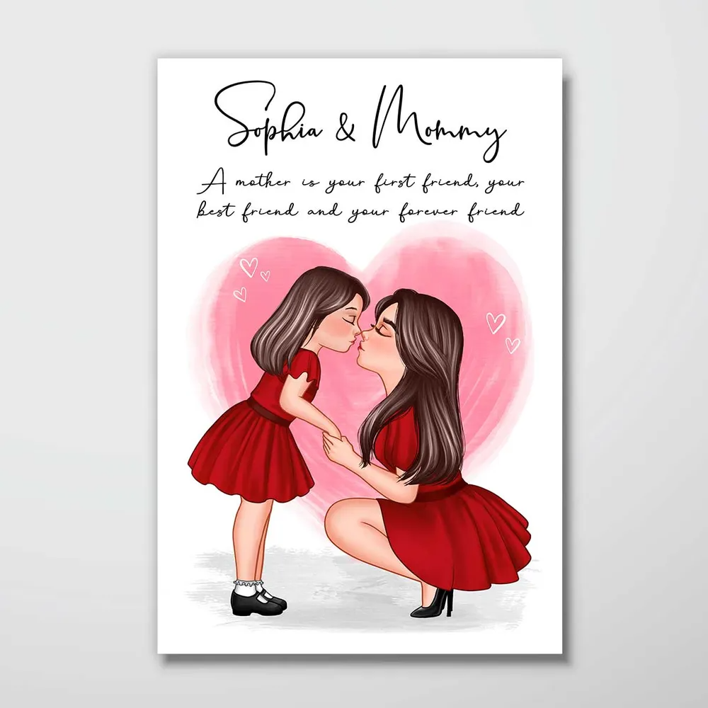 Personalized Mom And Kid Holding Hands Kissing poster, a woman hanging the framed print on a wall