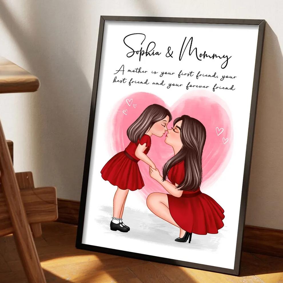 Personalized Mom And Kid Holding Hands Kissing poster, leaning against a wall on a wooden floor