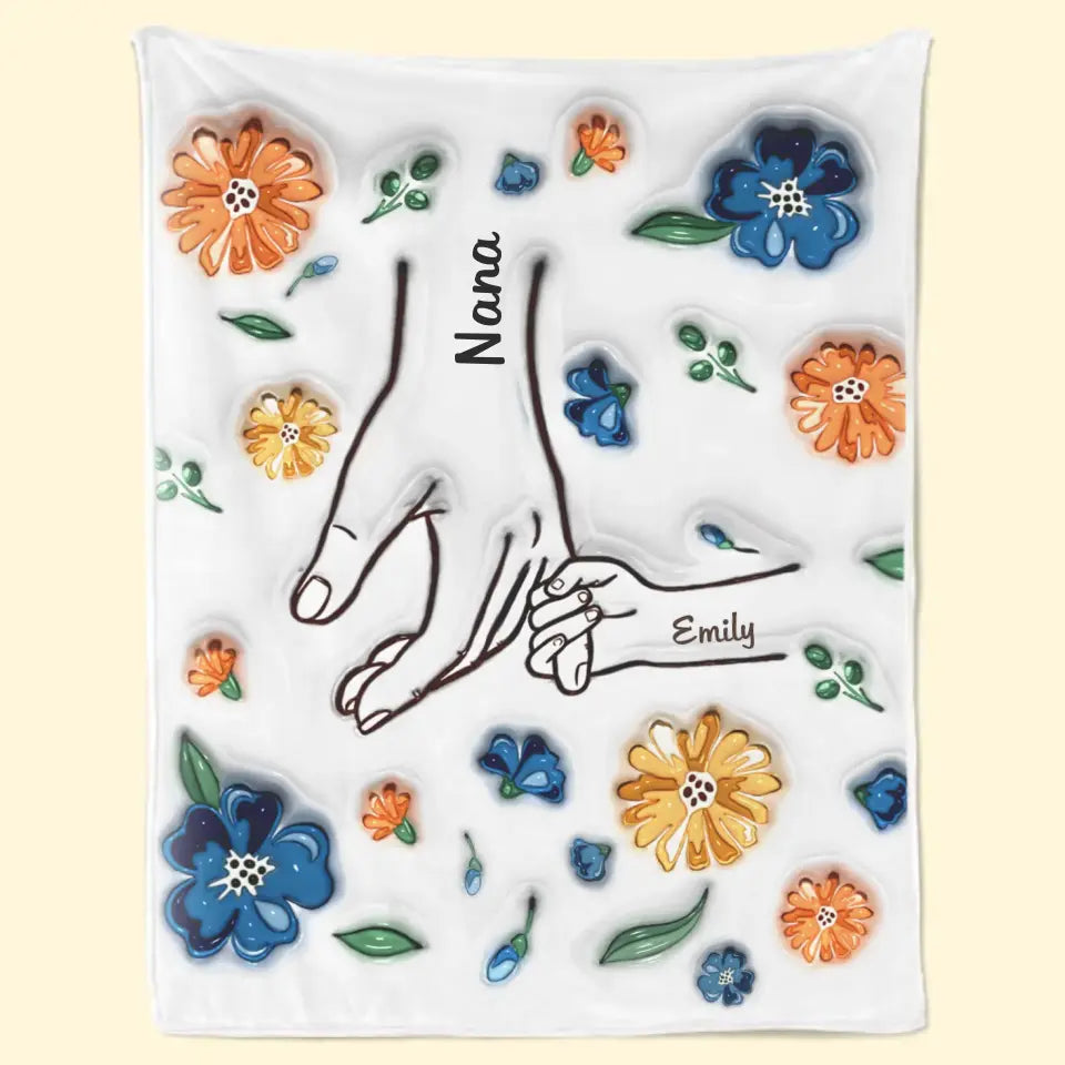 Mom or Grandma's Custom 3D Floral Blanket: Personalized Kids Holding Hands with Names - Unique Mother's Day or Birthday Gift