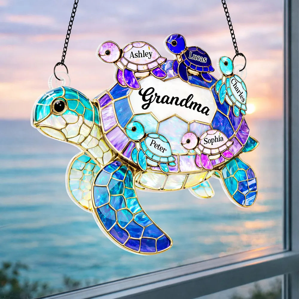 Mom Grandma Sea Turtle - Personalized Window Hanging Suncatcher Ornament - Mother's Day Gift For Mom, Mama, Mommy