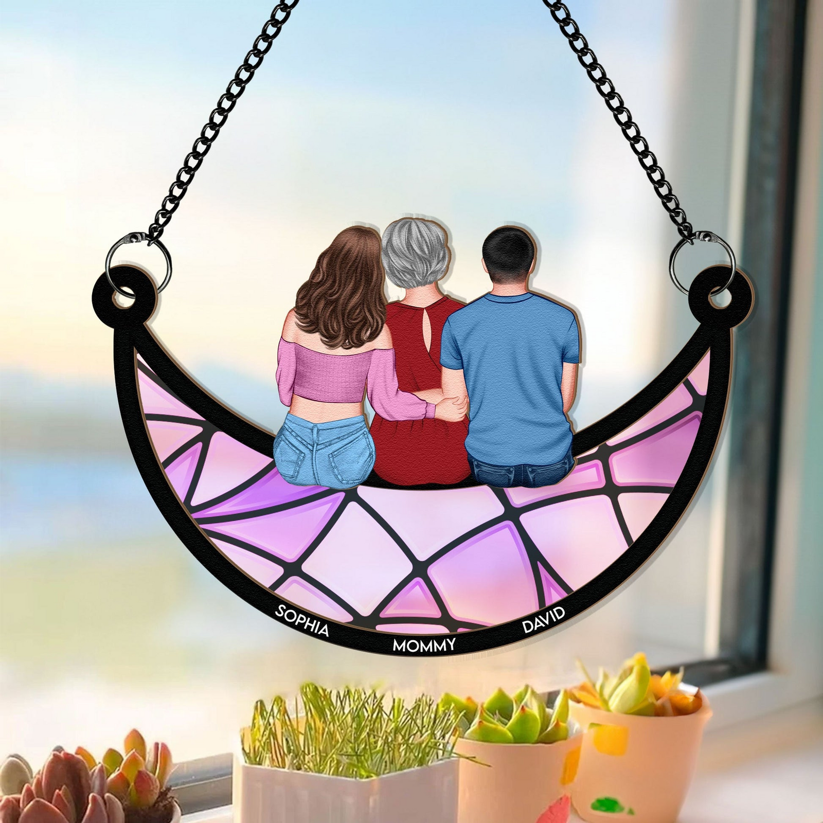 Mom, Children Sitting On The Moon - Personalized Window Hanging Suncatcher Ornament - Gift For Mom, Mama, Mommy, Mother