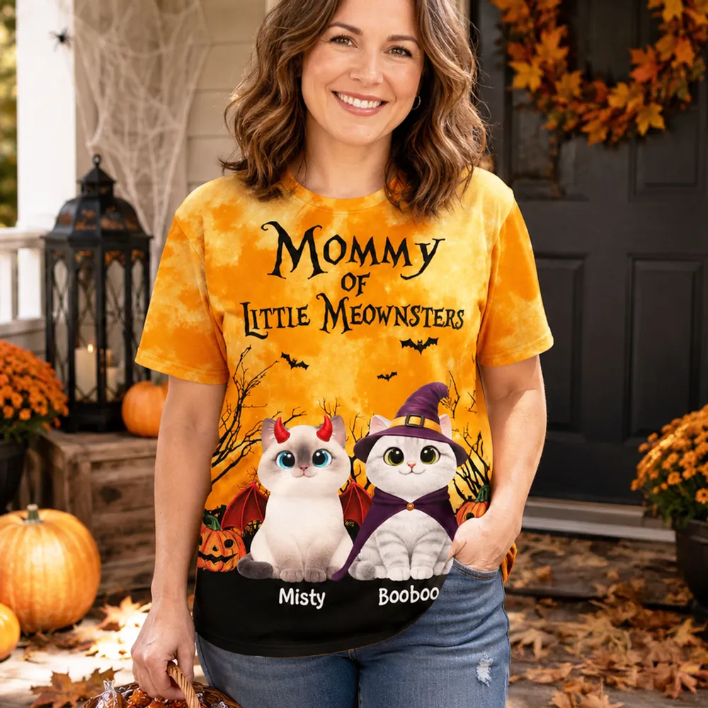 Halloween Theme Mommy Daddy Of The Meownsters Cats - Personalized All-Over Print T-Shirt - Halloween Gift for Cat Lovers, Cat Mom, Cat Dad