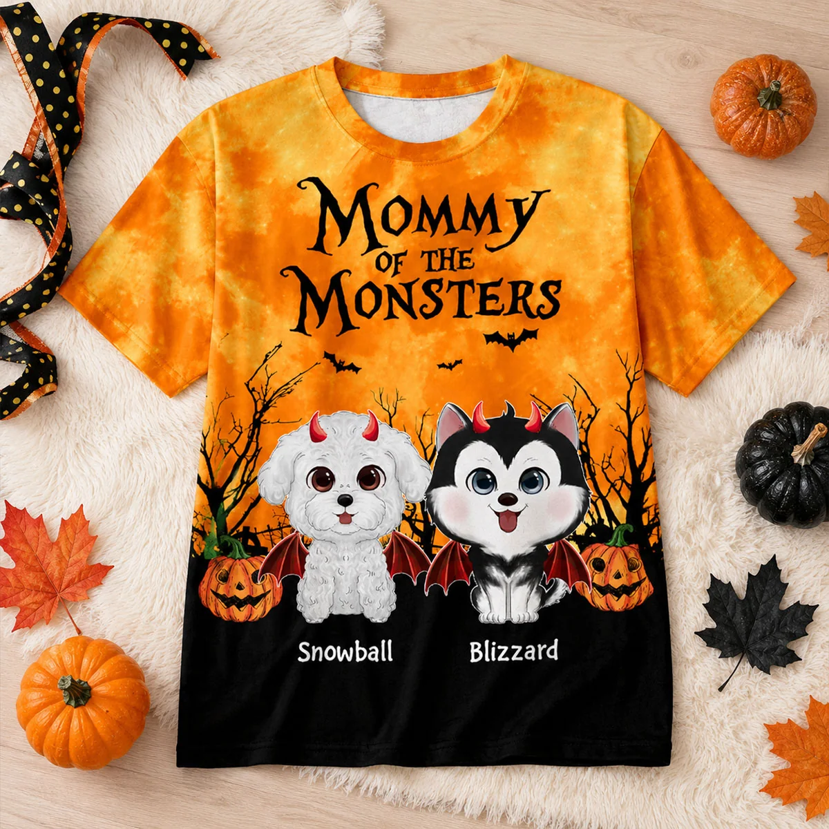Halloween Theme Mommy Daddy Of The Monsters Dogs - Personalized All-Over Print T-Shirt - Halloween Gift for Dog Lovers, Dog Mom, Dog Dad