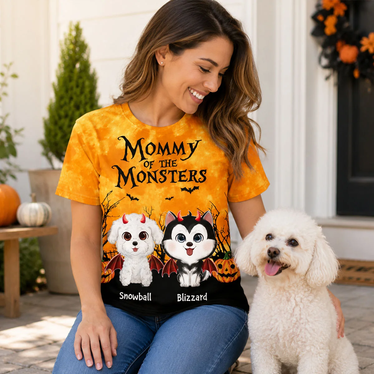 Halloween Theme Mommy Daddy Of The Monsters Dogs - Personalized All-Over Print T-Shirt - Halloween Gift for Dog Lovers, Dog Mom, Dog Dad