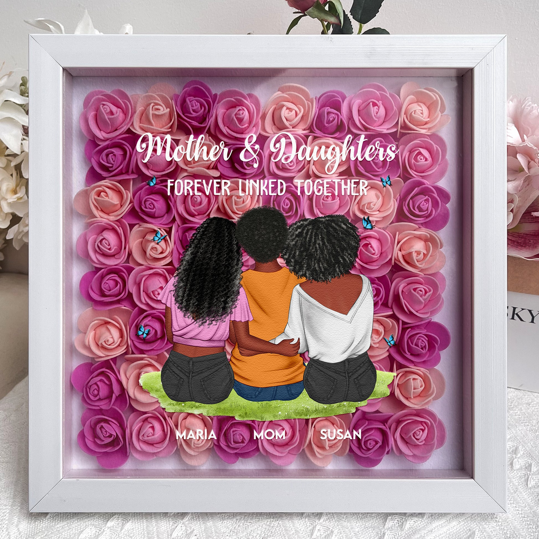 Personalized Mother & Daughter Forever Linked Together flower shadow box, alternate view 4