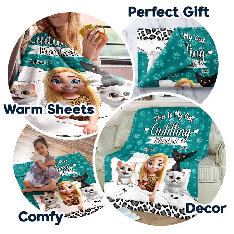 Personalized My Cat Cuddling Blanket fleece blanket, held up in a bright room
