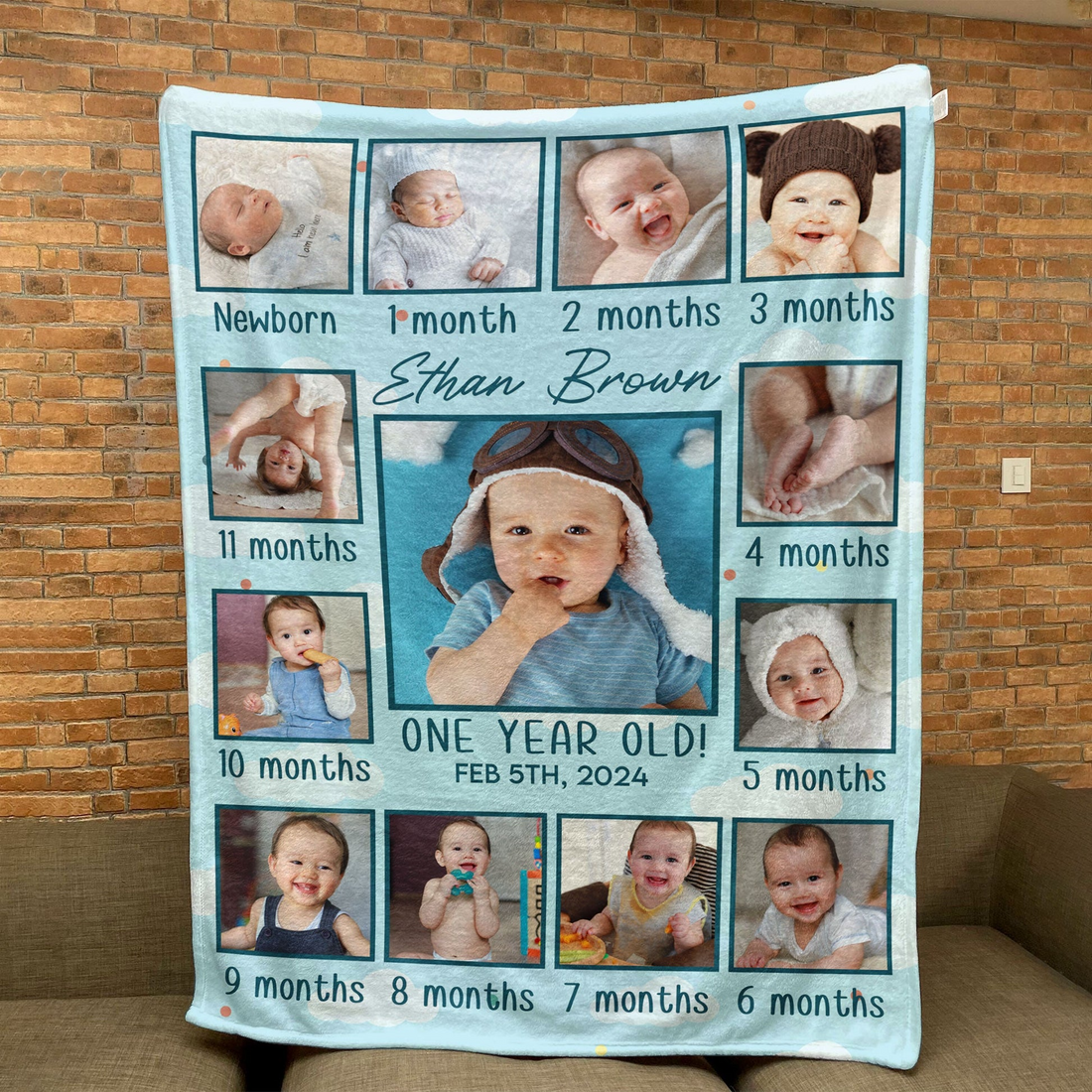 Custom Photo Newborn Kid Happy Month 1st Birthday fleece blanket, spread across a bed