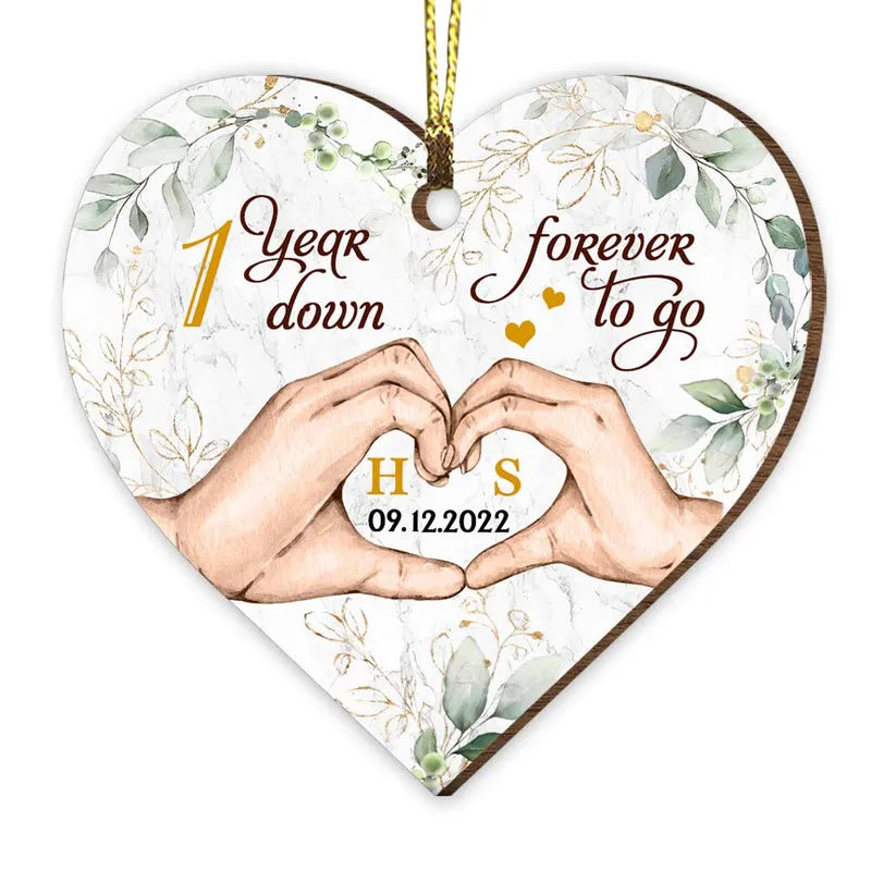 Personalized Wedding Anniversary One Year Down Forever To Go Heart custom shaped wood ornament, alternate view 3