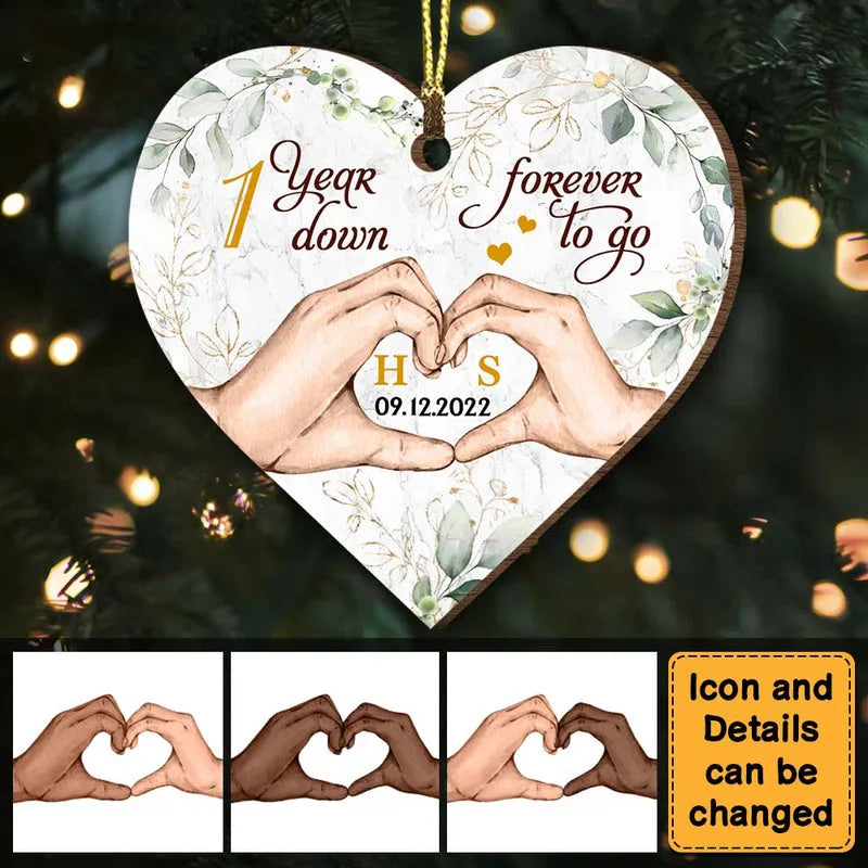 Personalized Wedding Anniversary One Year Down Forever To Go Heart custom shaped wood ornament, main view