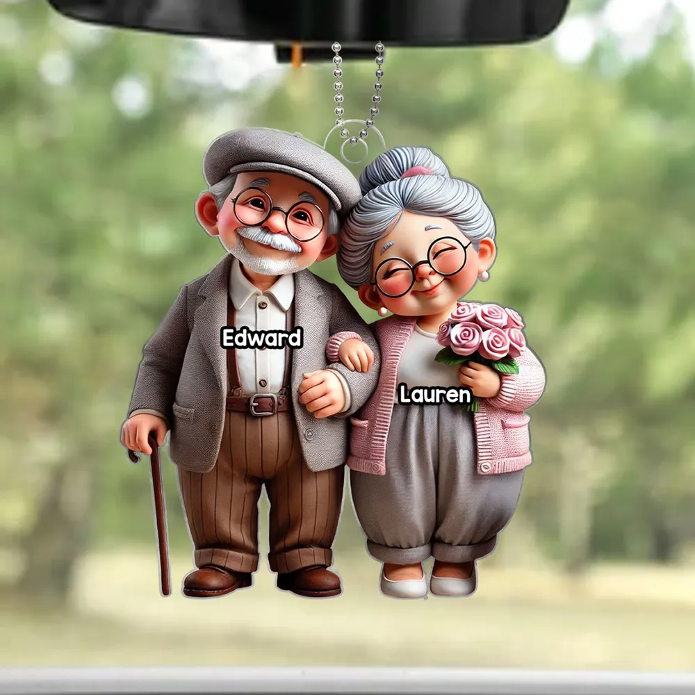 3D Effect Old Cartoon Couple Holding Hand - Personalized Acrylic Car Hanger - Gift For Old Couple, Grandparents, Anniversary, Valentine, Engagement