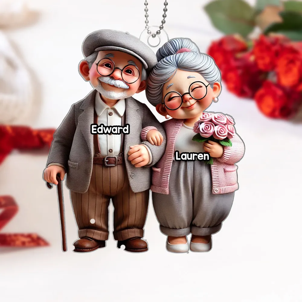 3D Effect Old Cartoon Couple Holding Hand - Personalized Acrylic Car Hanger - Gift For Old Couple, Grandparents, Anniversary, Valentine, Engagement