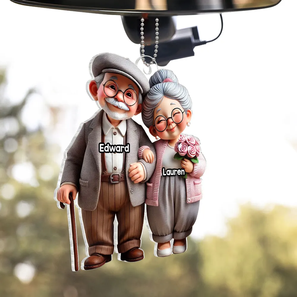 3D Effect Old Cartoon Couple Holding Hand - Personalized Acrylic Car Hanger - Gift For Old Couple, Grandparents, Anniversary, Valentine, Engagement