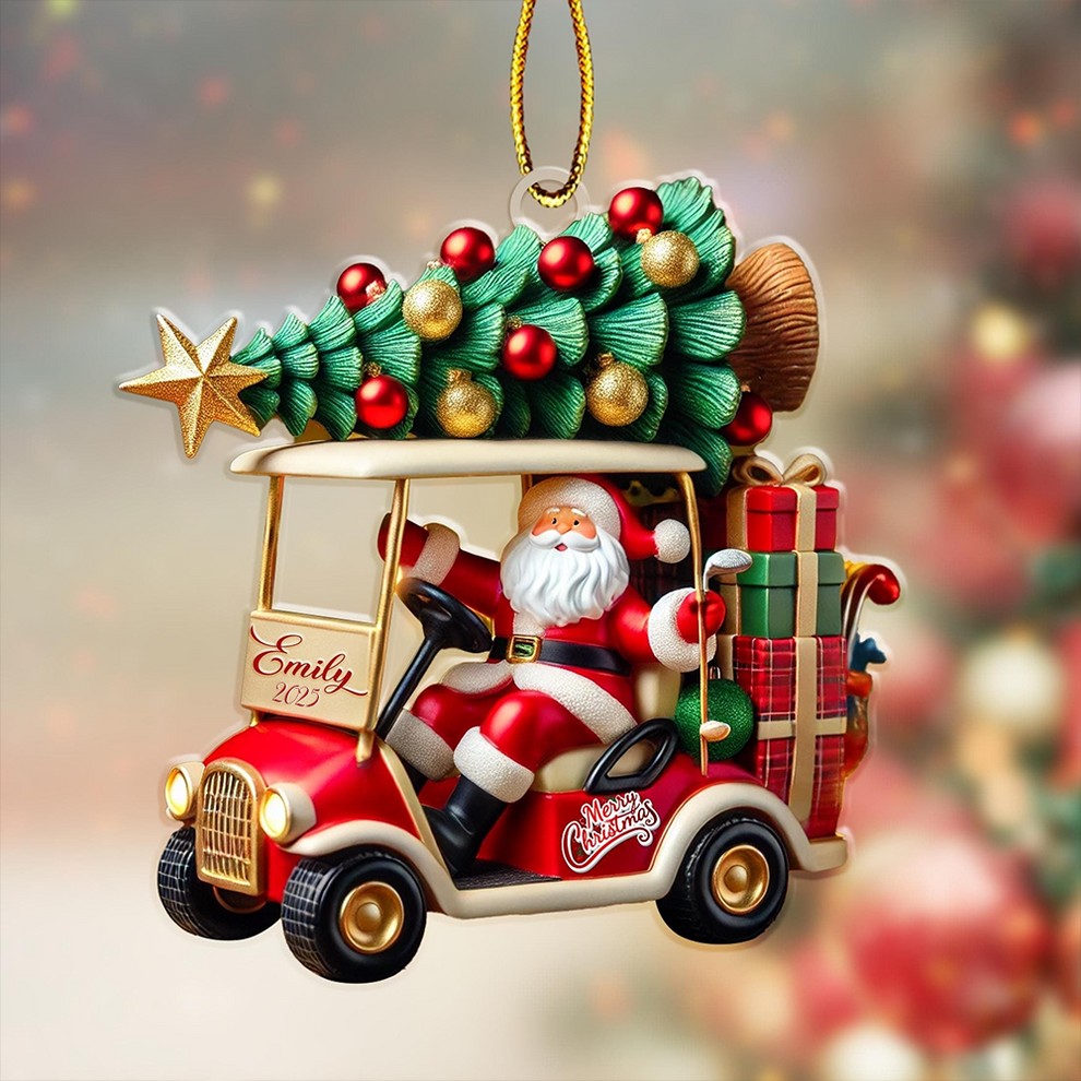 Golf Cart Santa Christmas custom shaped acrylic ornament, main view