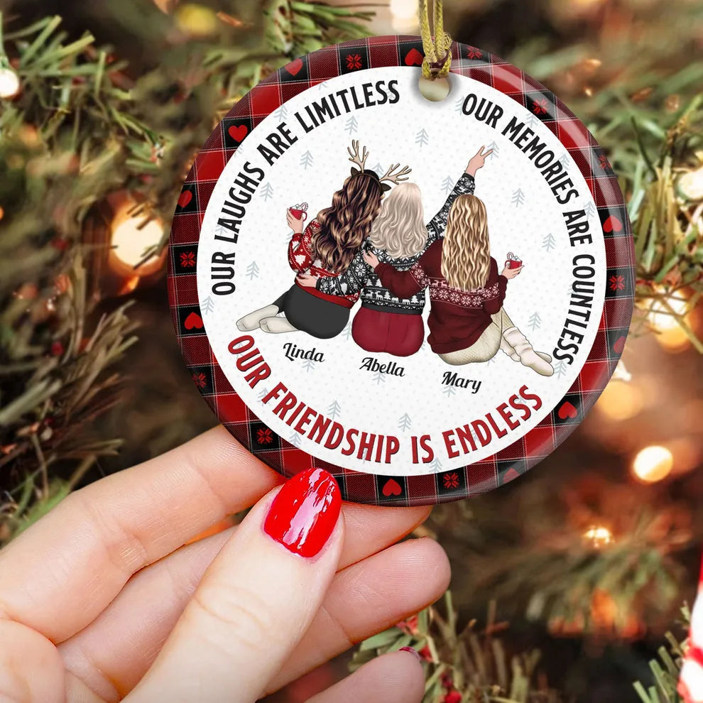 Personalized Our Friendship Is Endless circle ceramic ornament, alternate view 2