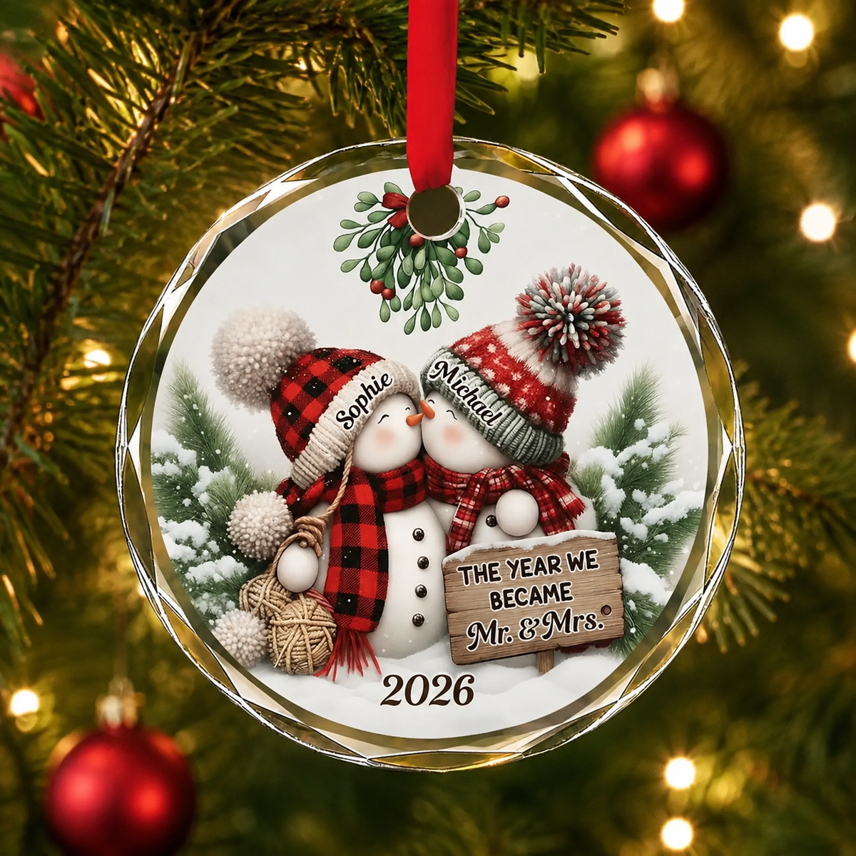 Our 1st Married Christmas Mr Mrs - Personalized Circle Glass Ornament - Christmas Gift For Her/Him, Husband/Wife, Couples, Newlywed Wedding Gift