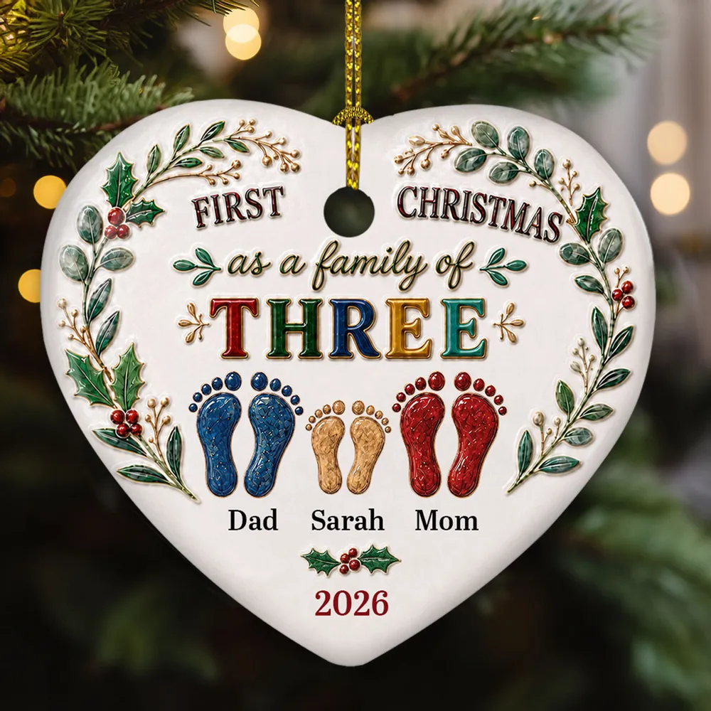 Our First Christmas 3D Effect - Personalized Heart Ceramic Ornament - Babies First Christmas Gifts