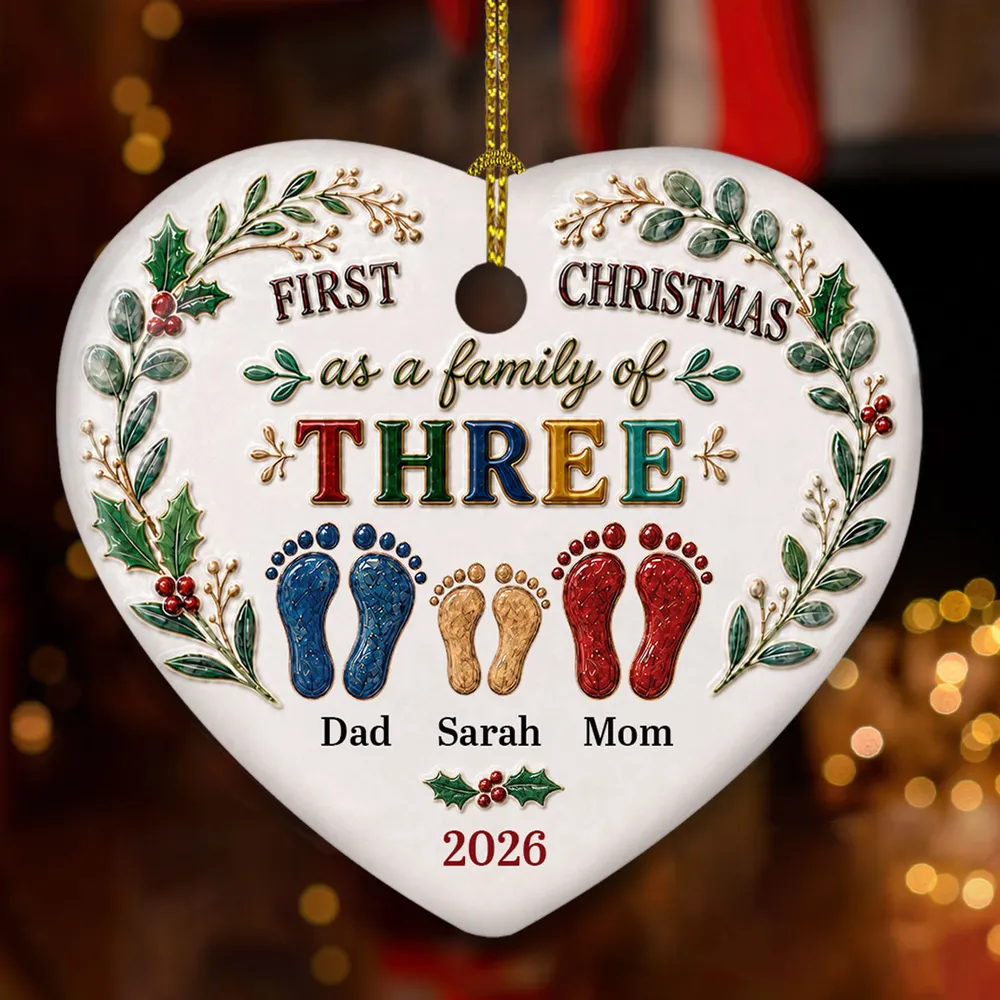 Our First Christmas 3D Effect - Personalized Heart Ceramic Ornament - Babies First Christmas Gifts