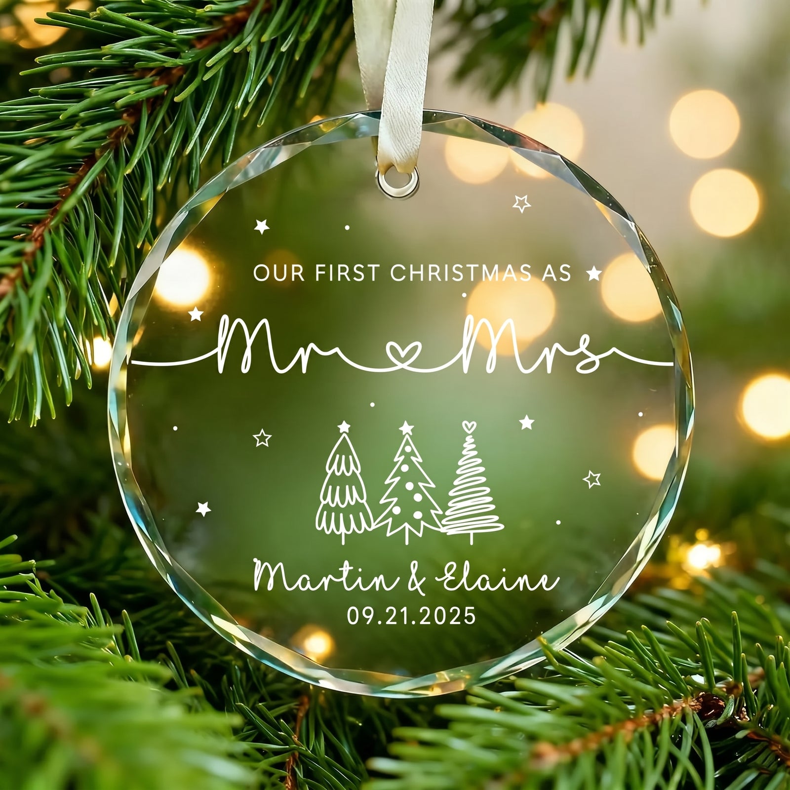 Our First Christmas as Mr & Mrs - Personalized Circle Glass Ornament - Christmas Gift For Her/Him, Husband/Wife, Couples, Newlywed Wedding Gift