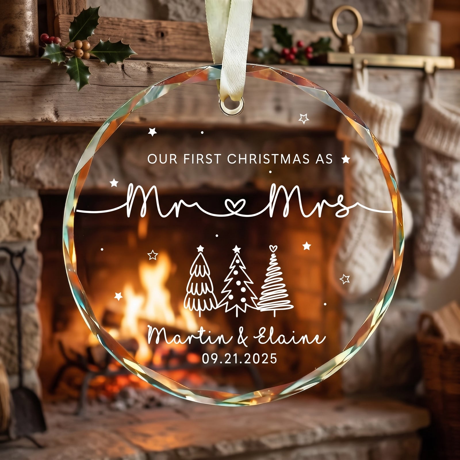 Our First Christmas as Mr & Mrs - Personalized Circle Glass Ornament - Christmas Gift For Her/Him, Husband/Wife, Couples, Newlywed Wedding Gift