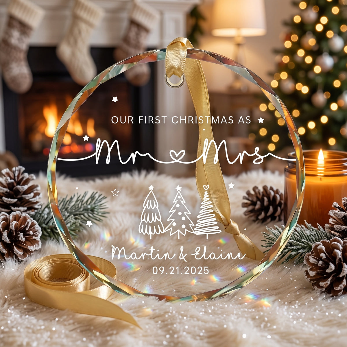 Our First Christmas as Mr & Mrs - Personalized Circle Glass Ornament - Christmas Gift For Her/Him, Husband/Wife, Couples, Newlywed Wedding Gift