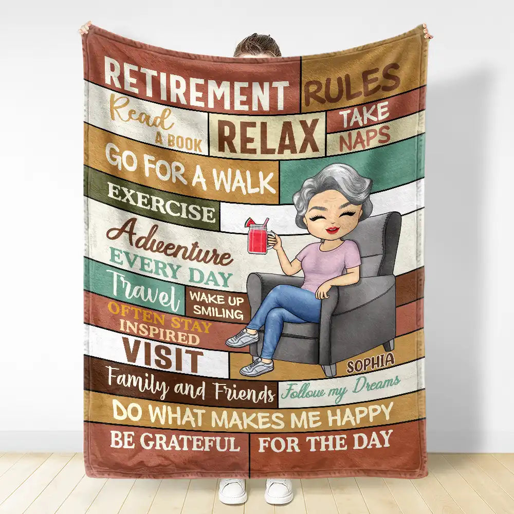 Personalized Retirement Rules fleece blanket, spread across a bed