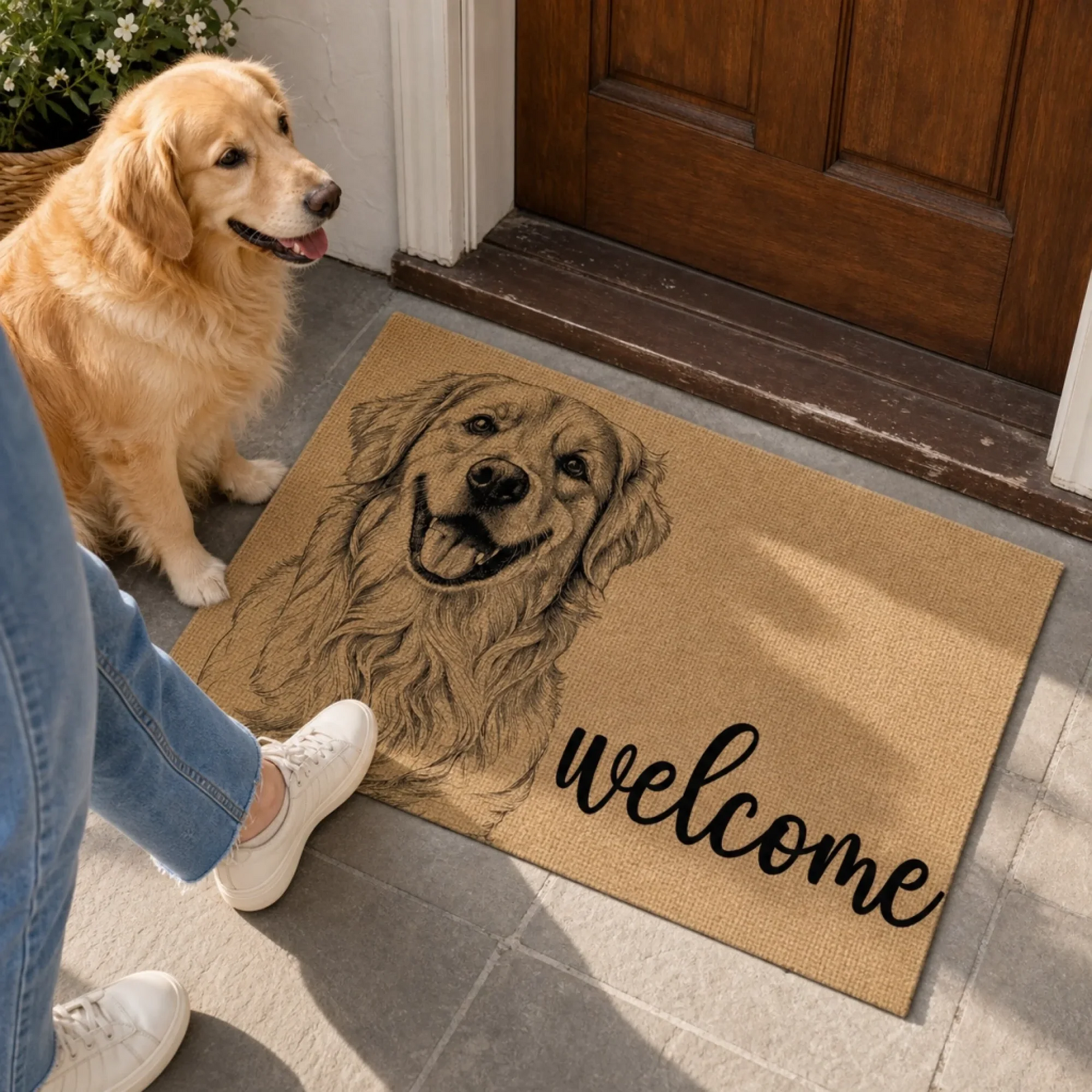 Custom Photo Pencil Sketch Welcome Dog Cat - Personalized Doormat - Personalized Gift for Dog Lovers, Cat Lovers, Pet Lovers