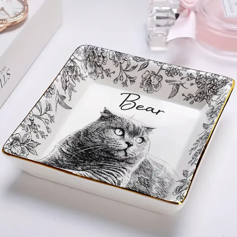 Custom Photo Pencil Sketch Pet Photo - Personalized Jewelry Dish - Gift for Dog/Cat Lovers, Dog/Cat Mom, Pet Lovers