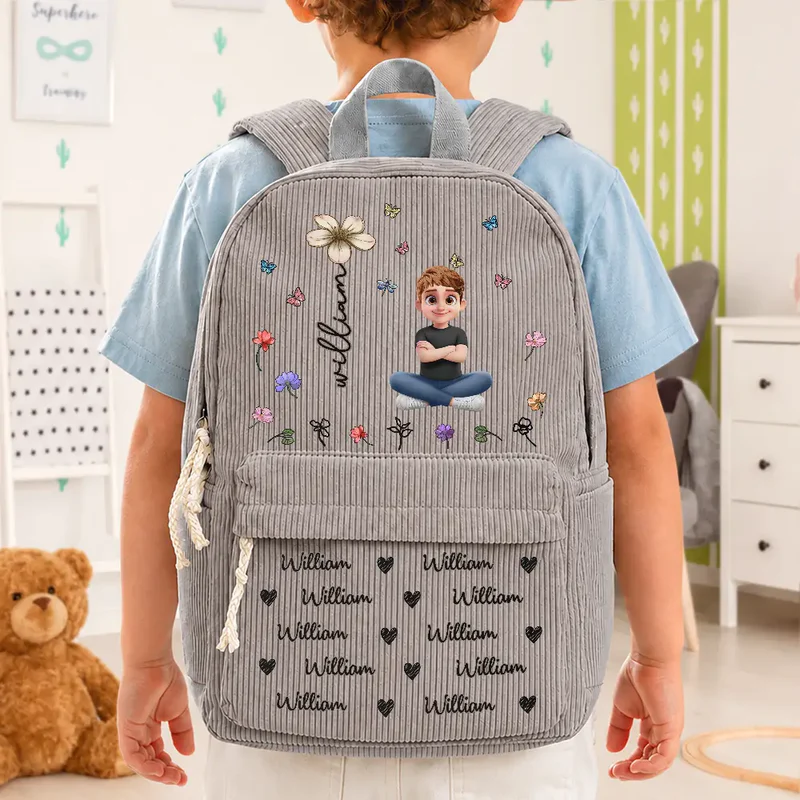Custom Name Birth Flower Cartoon Character - Personalized Kid Corduroy Backpack - Gift For Back To School, First Day of School - Student, Son, Daughter | Kindergarten, Pre-K, Preschool