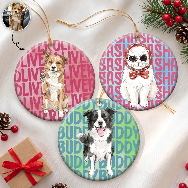Custom Photo Watercolor Pet Lovers Christmas - Personalized Circle Ceramic Ornament - Christmas Gift for Dog Lovers, Cat Lovers, Pet Lovers
